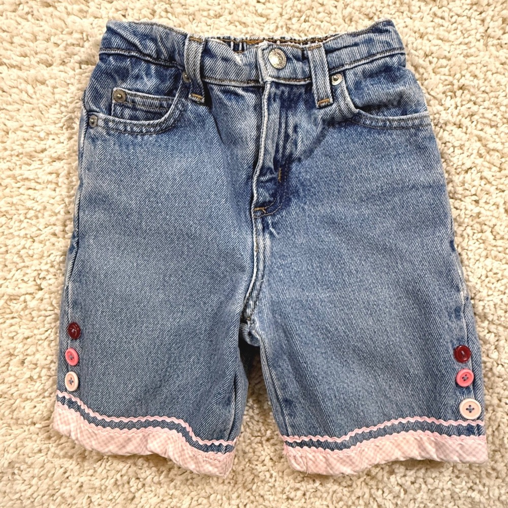 Vintage Y2K Faded Glory Girls Blue Denim Shorts 5 Pink Gingham Ric Rac Trim